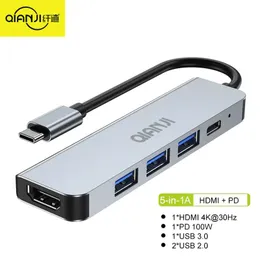 Adaptador multiporto de hub USB C 5 em 1 com portas HDMI 4K TypeC 3.0 e entrega de energia de 100W Qianji Hub 5 em 1 para o laptop MacBook