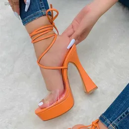 Dress Shoes Liyke Sexy Ankle Strap Sandals Women PVC Transparent Open Toe Lace-Up 15CM High Heels Platform Chunky Party Orange H240403