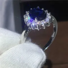 2PCS Pierłdy ślubne Znakomite luksusowy srebrny kolor Inkrustowany niebieski cyrkonia pierścień nowożeńca
