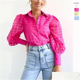 Women'S Blouses & Shirts Womens Wepbel Solid Color Transparent Plaid Shirt Top American Y2K Fashion Flying Sleeve Casual Drop Deliver Dhccs