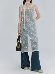 Freizeitkleider HELIAR Damen Polka Dot Bedrucktes ärmelloses Kleid Spitze Durchsichtiges Y2K Maxi Chiffon Strand Süßer Frühling Sommer