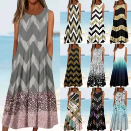 Lässige Kleider Frauen Sommer Mode Geometrische Druckausschnitt Schnürblasen mit mittlerer Ärmeln Rüschennähten Big Swing Vestidos Curtos#