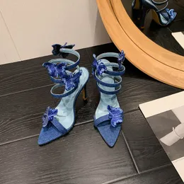 Roman Pointed Open Toed Sandals Bow Tie Denim Blue Slim Heel High Heeled Sandals Ankle Snake Twine Women's Shoes Banquet Attire Fashionable And Sexy