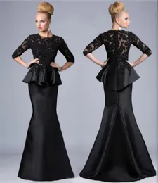 Mother Of The Bride Dresses Mermaid Jewel Neck 34 Sleeves Lace Appliques Beaded Peplum Plus Size Party Dress Black Evening Gowns2185597