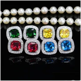 Stud Mticolor Square Earring Designer For Women Party Aaa Cubic Zirconia Earringsopper Jewelry White Blue Red Diamond Sier Gemstone Dh4Qw