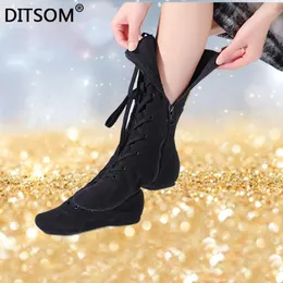 Dance Shoes Side Zip And Lace Up High Boots For Women Canvas Soft Ballet Jazz Dancing Street Girls Stage Performance Shoe