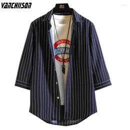 Camisas casuais masculinas Men Street Shires Stripes Navy para verão 3/4 de manga Polyester Macho Mash Fashion Clothing 00519