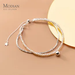 Modian 100% 925 Sterling Silver Double Layer Natural Pearls Justerbara kedjearmband för kvinnor Fina smycken 240319