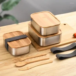 Dinnerware Wooden Lid Lunch Box 304 Stainless Steel Japanese Style Bento Bamboo Cover Container Portable Bag Picnic Sandwich