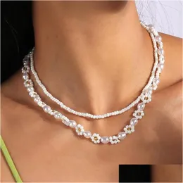 Anhänger Halsketten Sommer Boho Korea Schöne Blumen Samen Perlen Halskette Statement Kurzkragen Choker für Frauen Urlaub Schmuck Dro Dhbmz