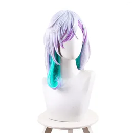 FESTIMENTOS DE PARTEM Paradoxo de anime ao vivo para Nayuta Cosplay peruca 50-60 cm de calor verde roxo branco resistindo a peças de Halloween Curly Woemn com tampa