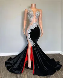 Partykleider rot Linning Sliver Perlen Spitzen Applikationen Schwarzer Samtschlitz -Abschlussball Kleid Meerjungfrau Damen für besondere Anlässe sexy