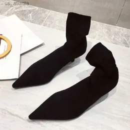 Dress Shoes Liyke Autumn Winter Casual Cozy Low Thin Heels Knitting Stretch Fabric Ankle Sock Boots Women Pointed Toe Botas mujer H240403SBY1