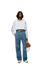 Designerjeans 24s Damen Jeans hohe Taille ausgehöhlten Stickereien Loewe Long Hosenhose Dekoration Reißverschluss Fliegen lässige Blaue Blau gerade Denimhose undefiniert