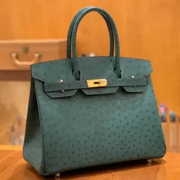 Bolsas de avestruz de couro costurado à mão costura de cera Frea de pele Saco feminino real 30 bolsa de grande capacidade Pavão verde