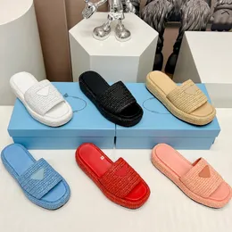 Letter P Woman Black Natural Crochet Fabric Flatform Sandals Slippers Platform Woven Slide House Chunky Bottom Mule Summer Beach Flip Flops Rubber Sole With Box