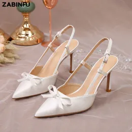 Boots Women Pumps White Wedding Shoes Bride Satin Butterflyknot Pointed Toe Adjustable Slingback Heels Elegant Women Heels