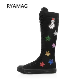 ブーツRyamag 2022 New Women's Canvas Boots Lond Dance Boots Shoesフラットスパンコール刺繍デザインジッパー快適な加硫スニーカー