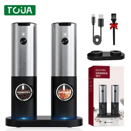 Rechargeable Electric Salt And Pepper Grinder Set With Charging Base Stainless Steel Automatic Spice Mill 240328