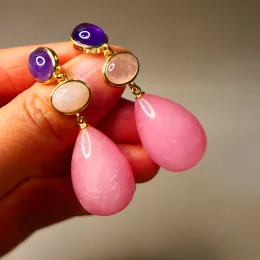 Gemstones Amethyst Pink Jade Rose Quarz Natural Stone 5 cm lang Tränen Dangle Ohrringe Sier Nadel Feinschmuck für Frauen Großhandel