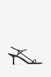 女性の靴row row裸サンダル黒い本物のリアルレザーミニマリストストラピーサンダル調整可能バックル閉鎖65 mmヒール