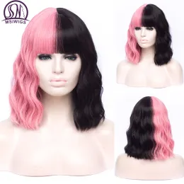 Wigs MSIWIGS Short Two Tone Black Pink Red Purple Color Wig Cosplay Bobo Synthetic Ombre Wavy for White Woman Cos