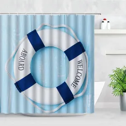 Mediterraner Stil Lifebuoy Duschvorhänge Blaues Holzbrett Hintergrunddekor Kinder Badezimmer Vorhang Set Haken Badeschirme 240403