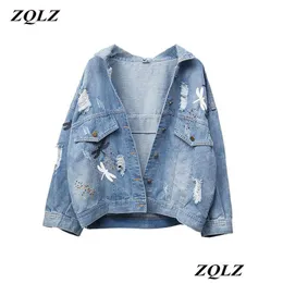 Damenjacken ZQLZ Plus Größe 5xl Herbst Denim Jacke Frauen Neues Stickmuster Revers Loose Jeans Mantel Dünne Frühling Damen Drop del dhdxy