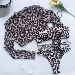 Lång ärm 3 -bitars baddräkt Högskuren leopard täcker push up bikini separat sportbandage baddräkt thong badkläder 240327