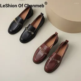 أحذية غير رسمية leshion of Chanmeb Natural Leather Flats Women Gold Metal Stain Round Toe Laiders Brown Spring Ladies 34-41