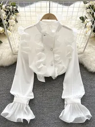 البلوزات النسائية Singreiny Ruffles Court Shirt Shirt Women Retro Double Button Sleeve Design Ladies Fashion 2024 Chic Blouse