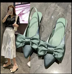 Women Baotou Sandals Fashion Bow-knot Low Heels Pumps Female Silk Sexy Pointed Sandalias De Mujer Womens Shoes 240322