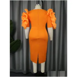 Plus Size Dresses Women Orange Printed Bodycon Tuttle Ruffle Sleeve Summer Midi Dress Evening Cocktail Party Short Gowns 4Xl Drop Deli Dhanl