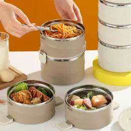 Dinnerware 4 Tier Insulated Lunch Box 304 Stainless Steel Container Round Stackable Bento With 2 Integral Fork Spoon