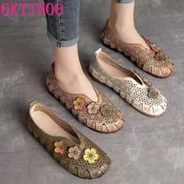 GKTI Women Loafers Genuine Leather Slip on Flowers Handmade Sneakers Ladies Shoes Comfy Fashion Summer Sandals Hollow Flats 240321