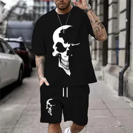 Estate Casual Mens Skull Stampa TShirt Set Moda Streetwear Tees Allentato Oversize Traspirante Morbido Maniche corte e Pantaloncini 240321