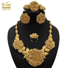 Set di gioielli indiani aniid per la festa di nozze Dubai Gold Color Jewelry for Women Necklac Bracciale Orenatura Regalo Nigeria Etiopian240327