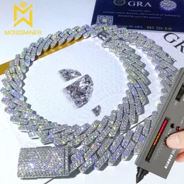 15mm 2 줄 Moissanite Square Cuban Chain 아이스 목걸이 남성 S Sier Choker를위한 Sier Choker Diamonds Tester GRA