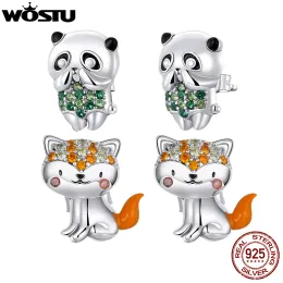 أقراط Wostu 925 Sterling Silver Cute Mini Mini Fox Panda Stud أقراط للنساء S925 قوس قزح الزركون حيوانات جميلة الأذن مجوهرات المجوهرات