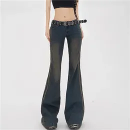 Jeans femininos americanos vintage streetwear mulheres casuais denim calças largas cor sólida solta cintura baixa calças de sino com bolsos