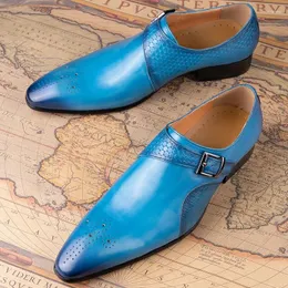 Klädskor högre kvalitet män loafers sko mode blå svart andas handgjorda äkta läder slip-on munk
