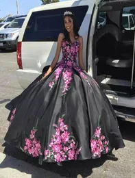 Embroidered Damas Quinceanera Dresses Black Satin Sweetheart Corset Back Vintage Charro Vestidos De Sweet 16 Dress Ball Gowns Prom8903792
