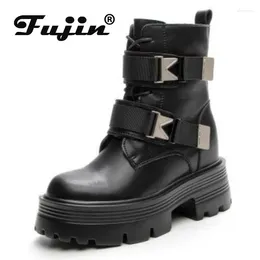 Boots Fujin 9cm Natural Cow Genuine Leather Women Ankle Mid Calf Platform Wedge Autumn Winter Warm Plush Booties Shoes
