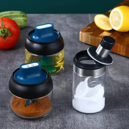 スプーンプラスチック製の調味料ボトル塩貯蔵ボックス付き塩砂糖コショウと粉末用ガラススパイス保管瓶 - 透明なキッチン用品