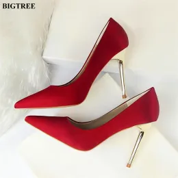 Pumpar Fashion Metal Heel Wedding Shoes For Women Plus Size 3443 Autumn Solid Silk Pointed Toe High Heels Stiletto Female Pumps Party