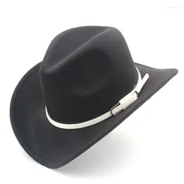 Berets Fashion Woll Frauen Männer Western Cowboyhut Roll-up Wide Bim Feel Cowgirl Jazz Pate Sombrero Cap mit weißem Gürtel K40