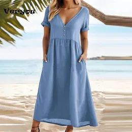 Летние повседневные длинные DRES V Neck Butting Button Plays для женщин Maxi Boho Y240326