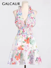 Casual Dresses GALCAUR Vintage Print Kleid für Frauen Tiefer V-Ausschnitt Ärmellos Hohe Taille Patchwork Spitze Up Off Schulter Rückenfrei Weiblich