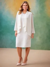 Eventi di festa di nozze bianchi Abiti per la mamma Abito per la madre della sposa Abito con o-collo Due pezzi Manica lunga in pizzo Chiffon Avorio Cerniera personalizzata Taglie forti