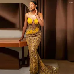 Sukienki imprezowe wspaniałe złotą koronkę Prom Nigerian Aso Ebi Ebi Mermaid Suknie wieczorne Sweet Train Train Formal Dress Wedding Vestidos